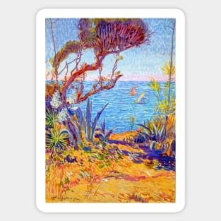 Italy Mediterranean Beach Seascape with Plants & Sailboats 1932 William de Leftwich Dodge Sticker